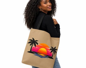 Retro Sunset Palm Tree Tote Bag, Beach Aesthetic Canvas Tote, Summer Vacation Bag, Tropical Shopper Bag, Coastal Gift for Women