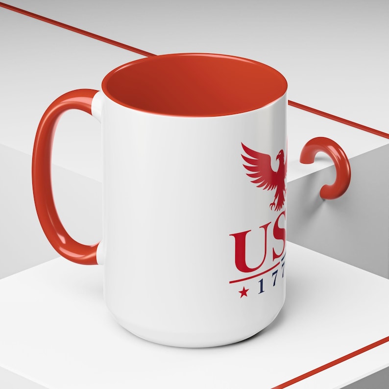 Patriotic USA Coffee Mug, American Eagle Mug, Red Accent Ceramic Mug, USA Pride Coffee Cup, 11oz 15oz image 6