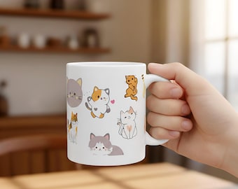 Cute Kawaii Cat Mug , Aesthetic Ceramic Coffee Cup for Cat Lovers, 11oz & 15oz Cat Pattern Mug, Heart ,Kitty Valentines Day Gift