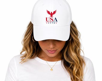 USA 1776 Eagle White Baseball Cap, Patriotic Hat, American Flag Cap, Independence Day Gift, Unisex Dad Hat, Fourth of July Cap