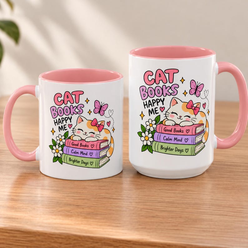 Cat Book Lover Mug, Cute Pink Cat Mug, Bookish Coffee Mug, Cat Mom Gift, Reading Lover Gift, Cozy Reader Mug, Cute Tea Cup image 6
