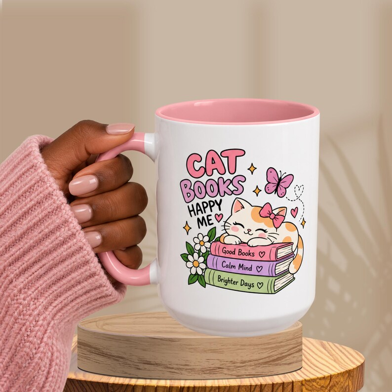 Cat Book Lover Mug, Cute Pink Cat Mug, Bookish Coffee Mug, Cat Mom Gift, Reading Lover Gift, Cozy Reader Mug, Cute Tea Cup image 8