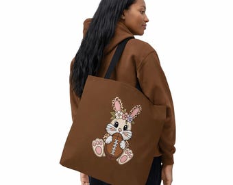 Cute Bunny Football Tote Bag, Game Day Bunny Bag, Easter Bunny Tote, Sports Lover Gift, Football Season Bag, Cute Animal Tote Bag