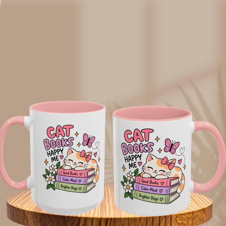 Cat Book Lover Mug, Cute Pink Cat Mug, Bookish Coffee Mug, Cat Mom Gift, Reading Lover Gift, Cozy Reader Mug, Cute Tea Cup image 3