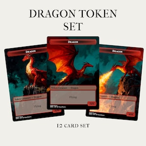May include: A set of three fantasy-themed trading cards featuring dragons. Each card has a dragon illustration in shades of red and orange against a dark background. The cards are labeled "Dragon" and include the text "Token Creature - Dragon" and "Flying". The set is labeled "Dragon Token Set".