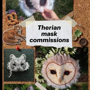 Può includere: Un collage con quattro maschere a tema animale: una maschera da falena bianca, una da leopardo delle nevi maculato, una da barbagianni e una da gatto bianco e nero. Una nota centrale su carta a righe riporta Therian mask commissions.
