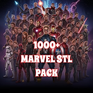 以下が含まれることがあります： キャプテン・アメリカ、アイアンマン、スパイダーマンなど、多くのマーベルのキャラクターが登場するデジタルイラスト。テキスト「1000+ MARVEL STL PACK」が赤と白で大きく表示されています。背景は、光の筋が入った濃い紫です。