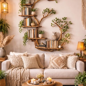 Op de afbeelding: Een gezellige woonkamer met een lichtgekleurde bank met sierkussens en een geweven plaid. Een boomvormige boekenplank toont boeken en planten. Een ronde rotan salontafel en vloerkleed maken de bohemien sfeer compleet.