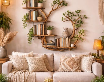 May include: A cozy living room scene featuring a light-colored sofa with decorative pillows and a woven throw. A unique tree-shaped bookshelf holds books and plants. A round rattan coffee table and rug complete the bohemian aesthetic.
