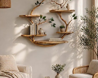 Wood wall shelves, Handcrafted Tree Branch Wall Bookshelf | Natural Wood Floating Shelves | Rustic Boho Wall Decor | Organic Home Storage