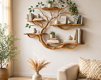 Wood wall shelves, Handcrafted Tree Branch Wall Bookshelf | Natural Wood Floating Shelves | Rustic Boho Wall Decor | Organic Home Storage