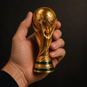 May include: A miniature gold-colored FIFA World Cup trophy replica featuring a globe supported by two human figures, with a dark green base band inscribed with the text FIFA WORLD CUP in gold lettering, held against a dark background.