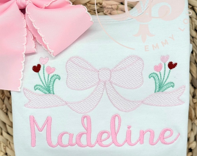 Pink Personalized Valentines Day Shirt for Little Girls with Ruffle Hem and Hearts