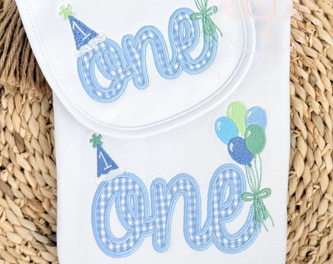 First Birthday Shirt with Matching Bib - Blue Cursive One with Balloons and Party Hat