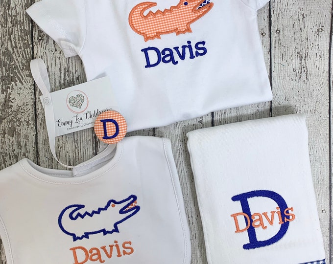 Personalized Baby Boy Gift Set – Burp Cloth, Bib & Bodysuit