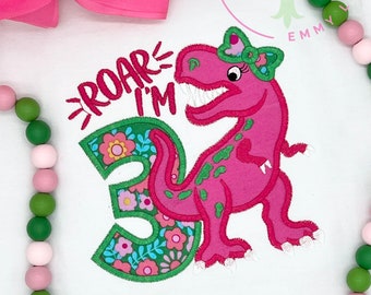 Girls Pink and Green Dinosaur Birthday Party Shirt for 3rd Birthday, Dinosaur Gift for 3rd Birthday
