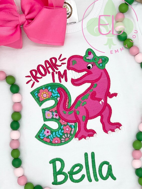 Girls Pink and Green Dinosaur Birthday Party Shirt for 3rd Birthday, Dinosaur Gift for 3rd Birthday