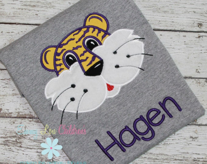 Personalized Tiger Football Shirt, Purple and Gold Applique, Game Day