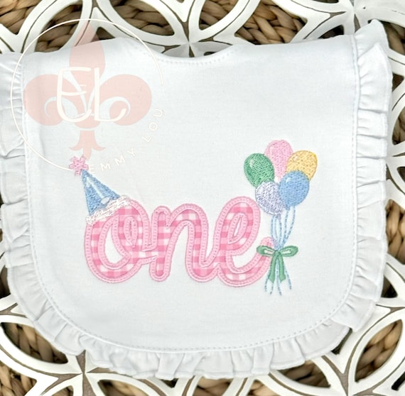 First Birthday Baby Bib - 1st Birthday Custom Baby Bib  - Gingham Cursive One with balloons and name