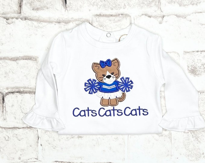 Personalized Football Shirt, Cheerleader Cat Applique, Ruffle Sleeve