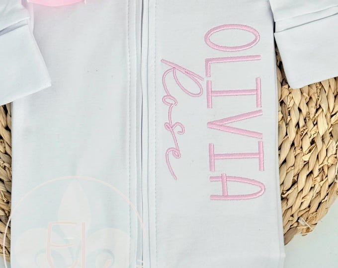Personalized Newborn Outfit for Baby Girl, Custom White and Pink Take Home Footie or Sleeper