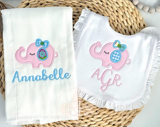 Embroidered Bib and Burp Cloth Set, Personalized Baby Shower Gift