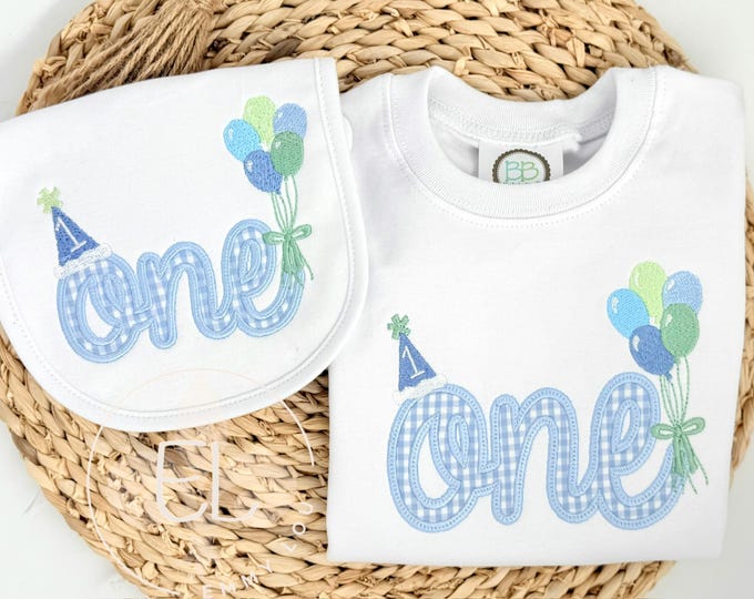 First Birthday Shirt with Matching Bib - Blue Cursive One with Balloons and Party Hat