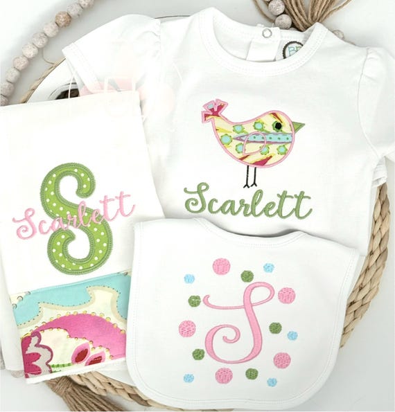 Monogram Baby Gift Set for Girls , Baby Burp Cloth, Bib, Bodysuit, Embroidered Burp Cloth, Baby Shower Gift