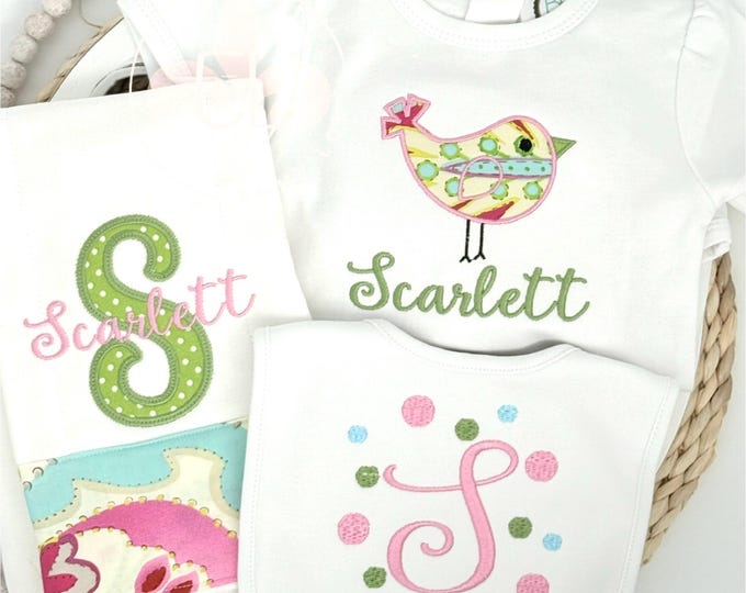 Monogram Baby Gift Set for Girls , Baby Burp Cloth, Bib, Bodysuit, Embroidered Burp Cloth, Baby Shower Gift