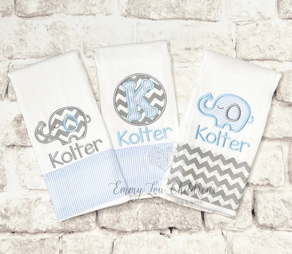Baby Boy Burp Cloth Set/ Monogrammed/ Personalized Elephant/ Embroidered/ Baby Boy Gift/ Shower Gift