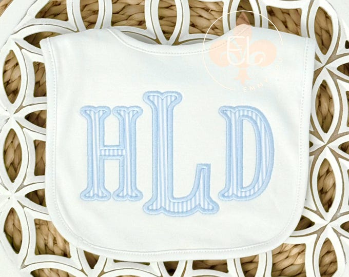 Monogram Baby Bib -Ruffle Baby Bib - White Baby Bib with Seersucker Name for Boys