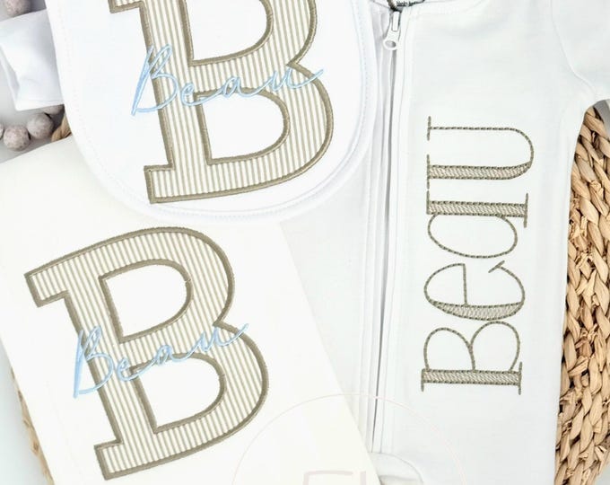 Personalized Embroidered Newborn Footie Sleeper with Zipper, Gift Set with burp and Bib