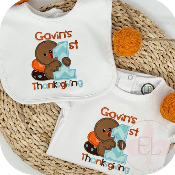 Personalized First Thanksgiving Outfit, Shirt and Bib, 1st Turkey Day, Autumn, Fall Bodysuit