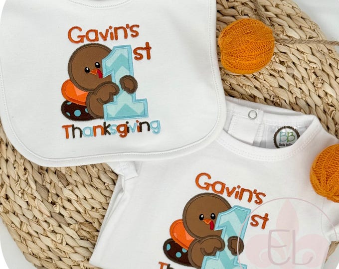 Personalized First Thanksgiving Outfit, Shirt and Bib, 1st Turkey Day, Autumn, Fall Bodysuit
