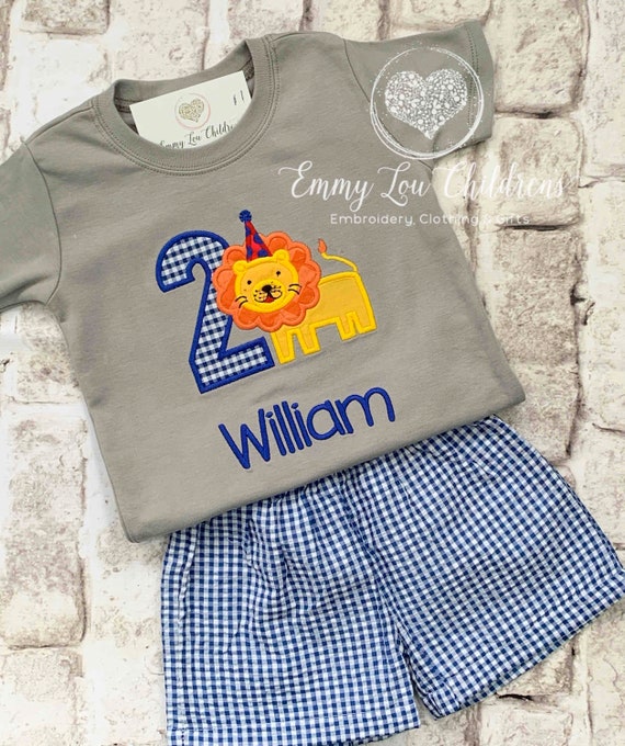 Embroidered Personalized Boys Birthday Shirt with Lion, Lion  2nd Birthday Outfit with Shorts