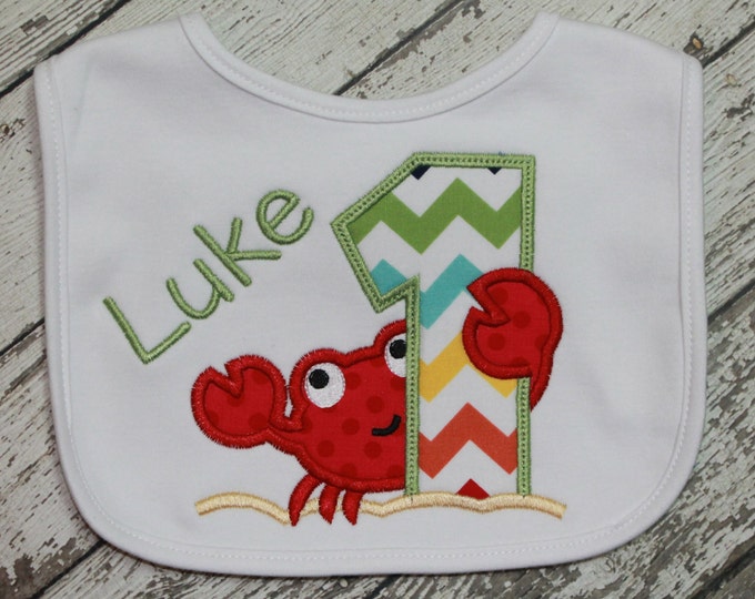 Crab Applique First Birthday Bib, Personalized Terry Cloth