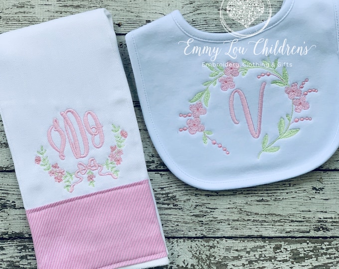 Personalized Embroidered Burp Cloth Set, Burp Cloth Set, Baby Girl, Pink Gift Set, Baby Gift