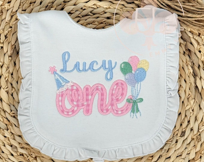 First Birthday Baby Bib – Custom Gingham One, Embroidered Bib