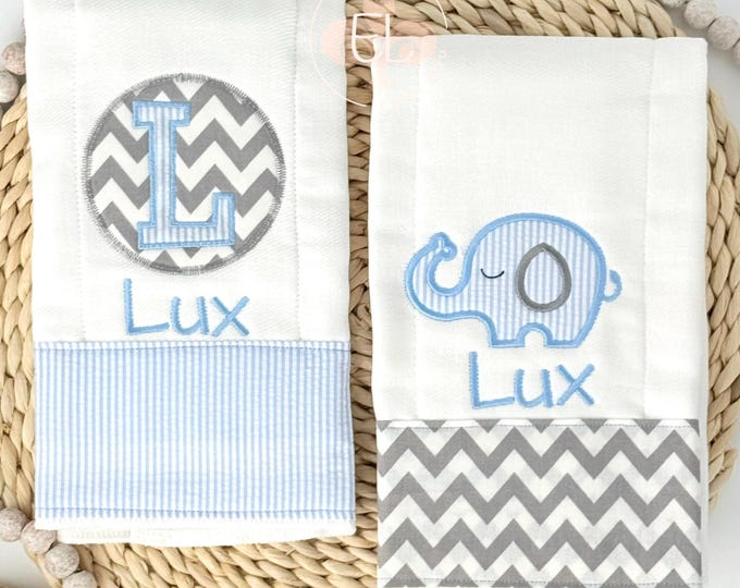 Monogrammed Burp Cloth Set, Set of 1, 2 or 3 Burp Cloths Monogrammed and Personalized, Light Blue Seersucker Burp Cloth