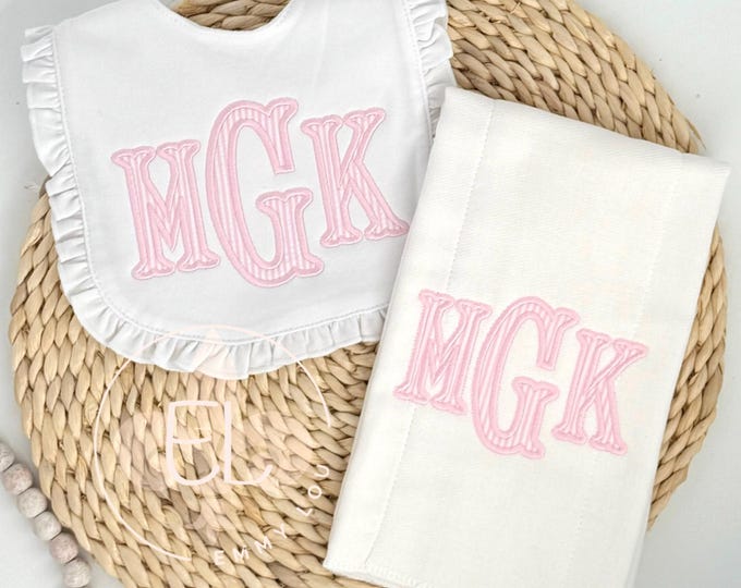 Embroidered Bib and Burp Cloth Set, Personalized Baby Shower Gift