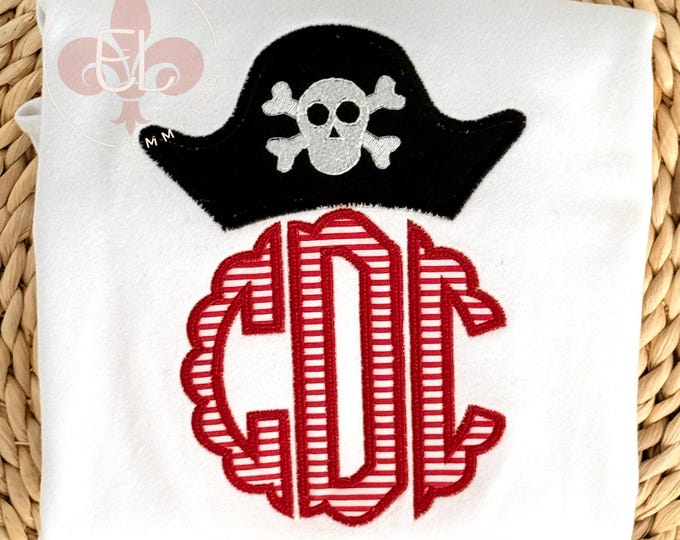 Girls Pirate Shirt - Embroidered Monogram Applique, Customizable