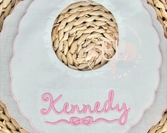 Personalized Linen Baby Bib with embroidered Bow - Christening Gift