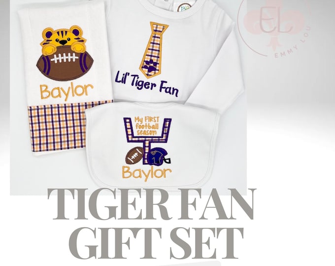 Tiger Football Monogrammed Baby Gift Set, Baby Burp Cloth, Bib, and Bodysuit, LSU Baby Gift Set, Baby Shower Gift, Baby Take Home Outfit 