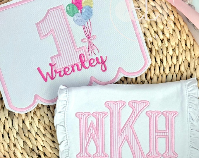 First Birthday Banner with Number 1 and Balloons  - Custom Personalized Highchair Banner with Name and Ribbons