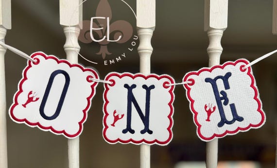 Embroidered Lobster First Birthday Banner: Red, White & Blue Decor