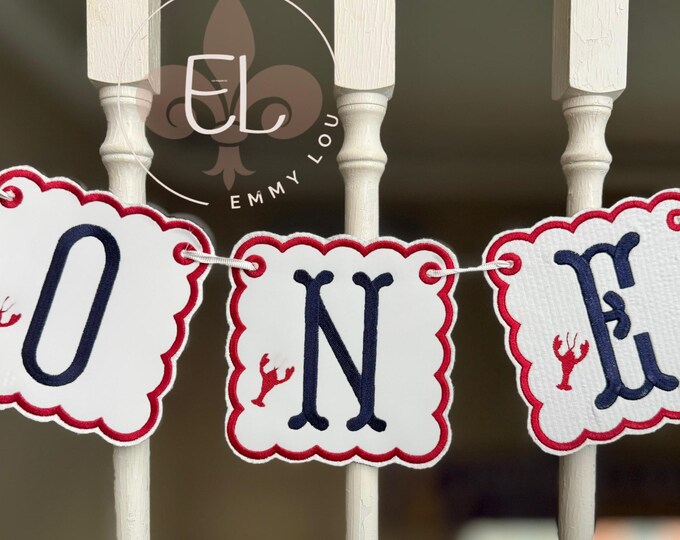Embroidered Lobster First Birthday Banner: Red, White & Blue Decor
