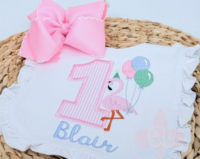 First Birthday Baby Bib - 1st Birthday Custom Baby Bib  - Flamingo Theme with Balloons