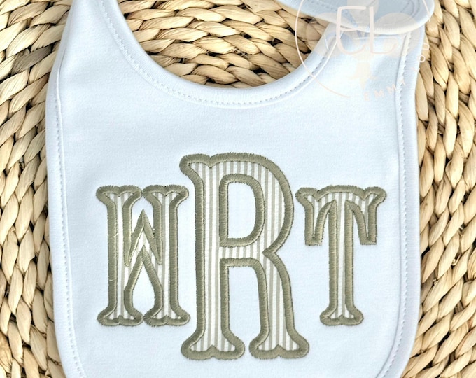Monogram Baby Bib -Ruffle Baby Bib - White Baby Bib with Seersucker Name for Boys
