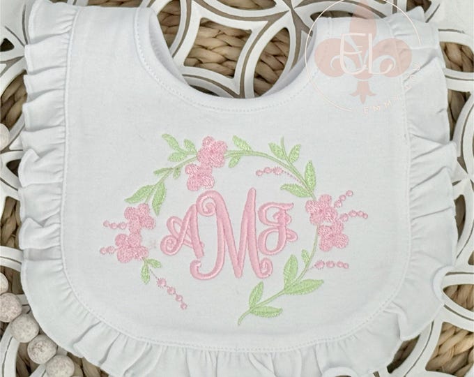 Personalized Ruffle Bib, Baby Girl Monogram Bib, Baby Shower Gift, Embroidered Baby Gift for Girls