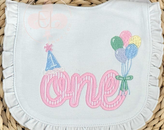 First Birthday Baby Bib – Custom Seersucker Cursive One, Embroidered Bib